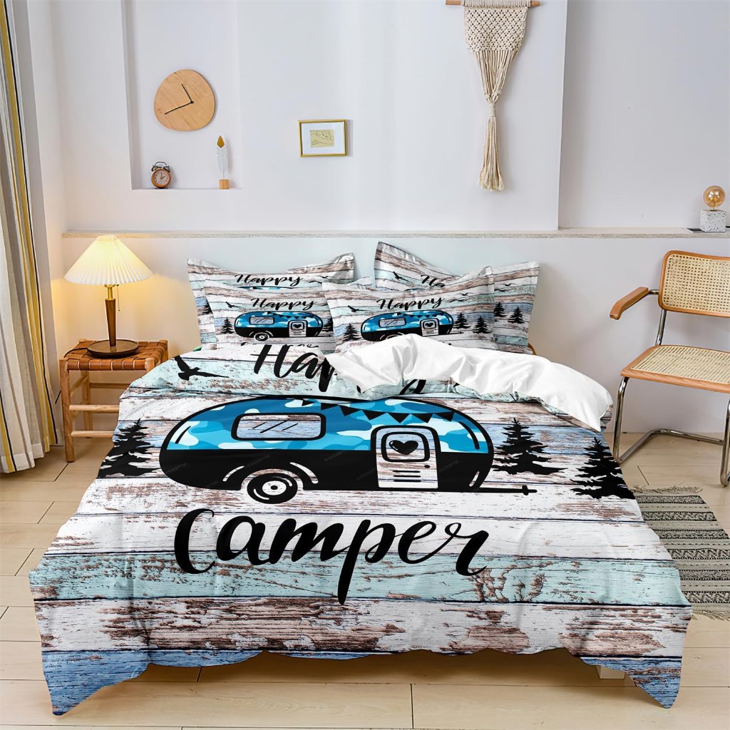 3 Pcs Kids Duvet Cover Set - Queen Size, Happy Camping Themed Bedding Sets Weste